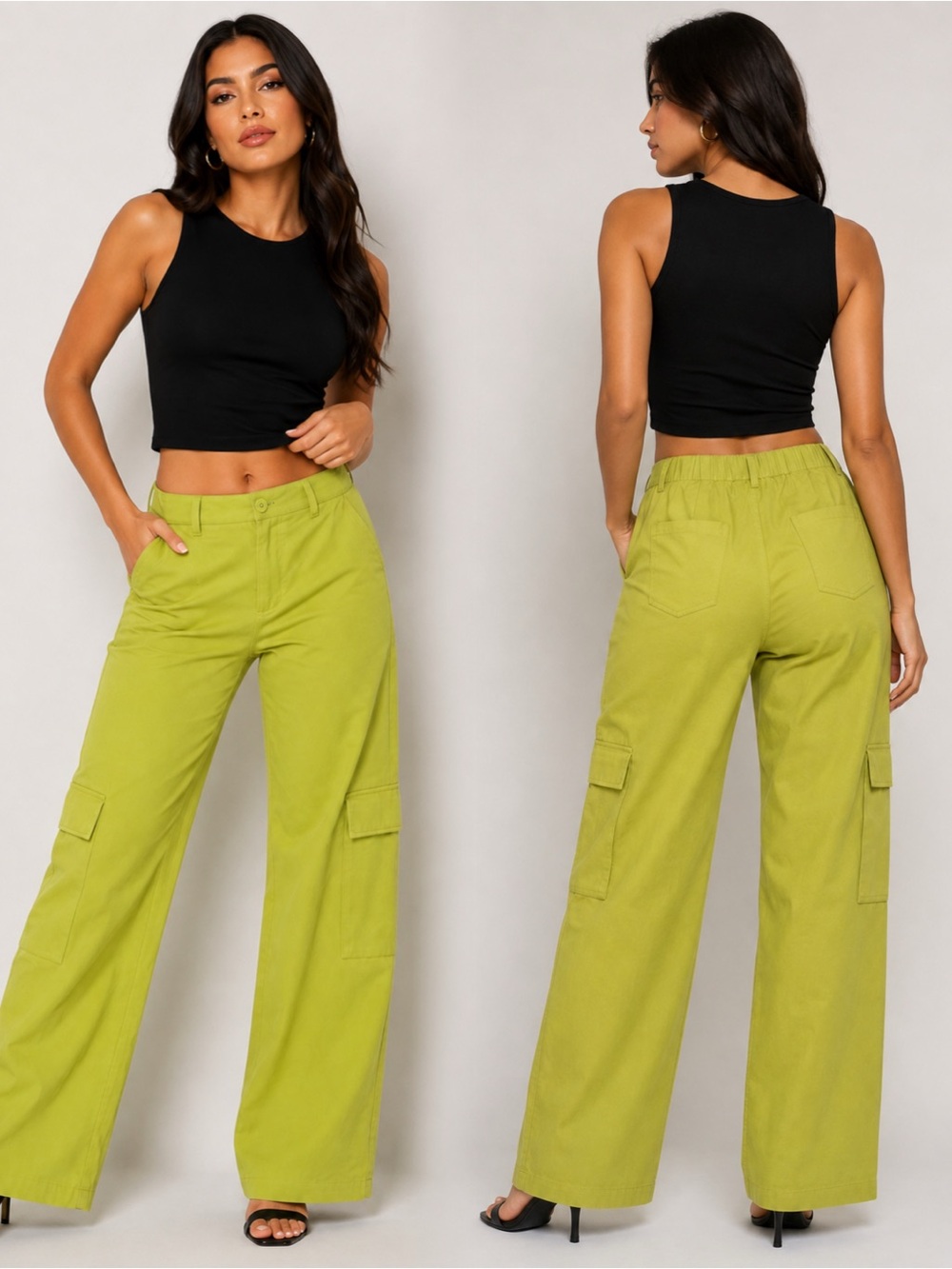 Haute Monde Lime-Green Wide-Leg Cargo Pants